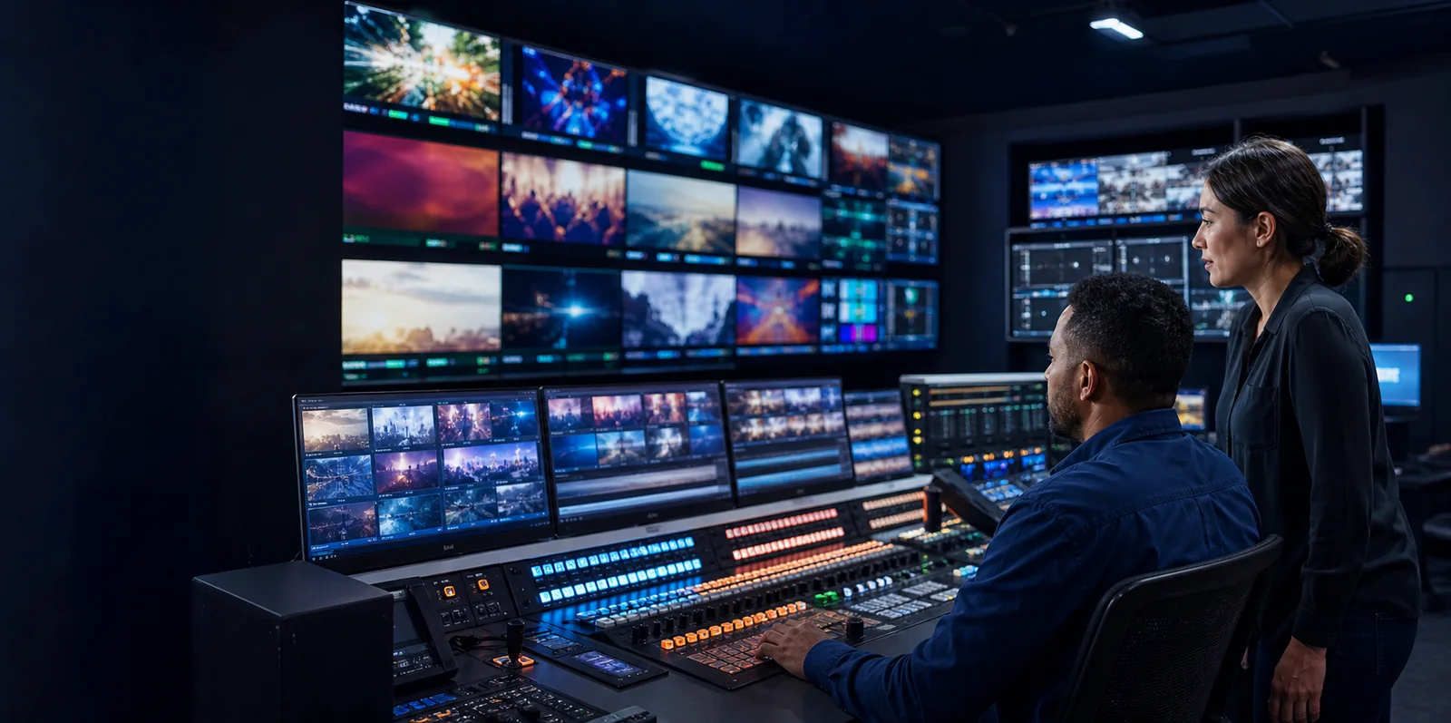 Media operations specialists supervising a live streaming workflow